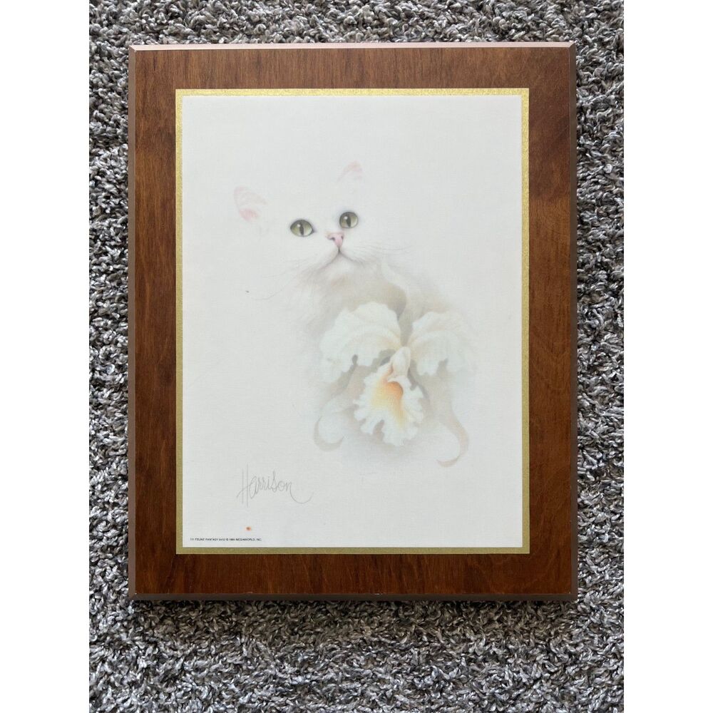 Vintage 1984 Mediaworld Harrison "Feline Fantasy" White Cat Wood Wall Plaque